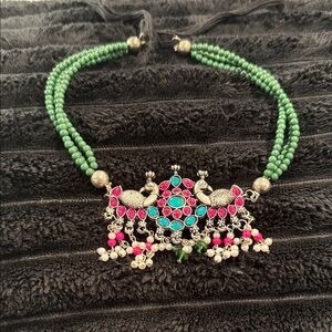 Elegant Green and Pink Beaded Necklace